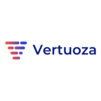 Logo de Vertuoza, avec un design dynamique en dégradé de bleu et rouge.